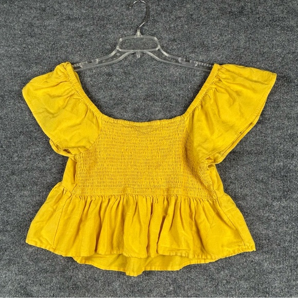 Midnight Sky Yellow Smocked Peplum Top L Flutter Sleeve Linen Blend Boho - Picture 4 of 9